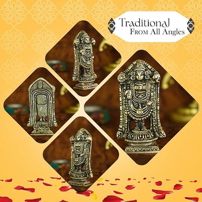 Handmade Lord Venkateswara idol in brass, measuring 4.5L x 2.2W x 8H cm, showcasing intricate details, ideal for altars and spiritual decor