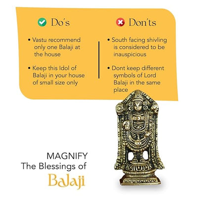 Handmade Lord Venkateswara idol in brass, measuring 4.5L x 2.2W x 8H cm, showcasing intricate details, ideal for altars and spiritual decor.