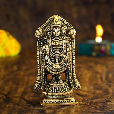 Handmade Lord Venkateswara idol in brass, measuring 4.5L x 2.2W x 8H cm, showcasing intricate details, ideal for altars and spiritual decor