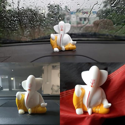Handmade marble Ganesha showpiece, 12x12 cm, 400g, perfect for car dashboard or home decor. Symbol of blessings and protection.