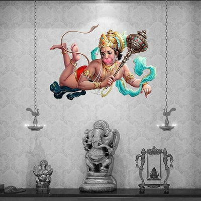 Hanuman wall sticker measuring 51 x 38 cm, made from durable PVC, perfect for enhancing home decor with a touch of Hindu faith.