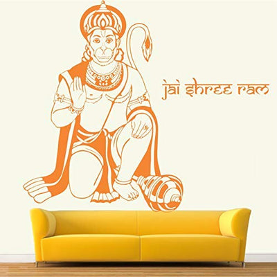 A vibrant Hanuman wall sticker featuring the divine Lord in saffron, designed to enhance home decor and inspire positivity.