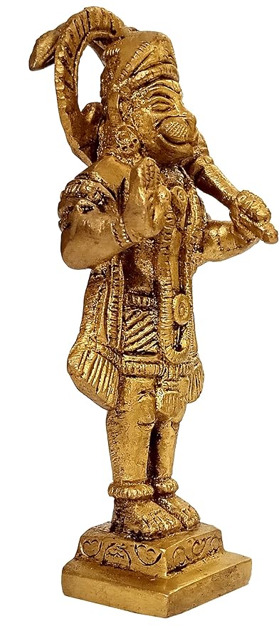 Handmade brass idol of Lord Hanumanji Bajrangbali, featuring intricate details, ideal for home temples or as a decorative collectible.