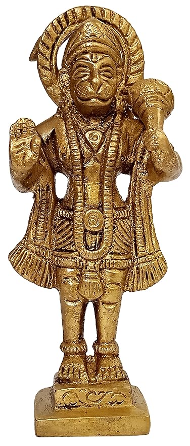 Handmade brass idol of Lord Hanumanji Bajrangbali, featuring intricate details, ideal for home temples or as a decorative collectible.