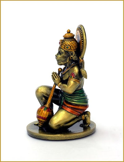 Handmade resin idol of Lord Hanumanji, featuring intricate details, ideal for home altars or car dashboards, representing Hindu spirituality.