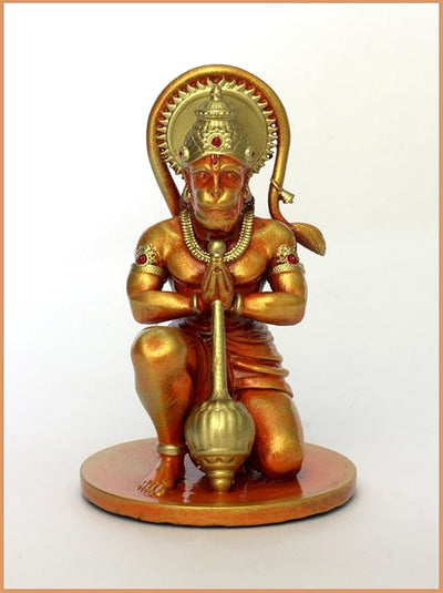 Handmade resin idol of Lord Hanumanji, featuring intricate details, ideal for home altars or car dashboards, representing Hindu spirituality.