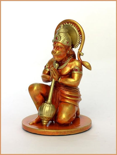 Handmade resin idol of Lord Hanumanji, featuring intricate details, ideal for home altars or car dashboards, representing Hindu spirituality.