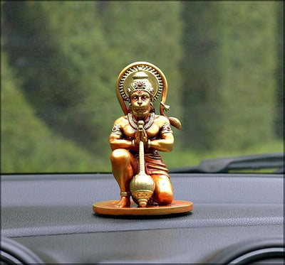Handmade resin idol of Lord Hanumanji, featuring intricate details, ideal for home altars or car dashboards, representing Hindu spirituality.