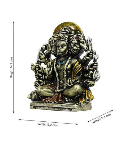 Handmade brass idol of Lord Hanumanji in Panchmukhi form, featuring intricate details, ideal for home altars or car dashboards.