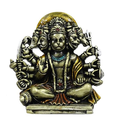 Handmade brass idol of Lord Hanumanji in Panchmukhi form, featuring intricate details, ideal for home altars or car dashboards.