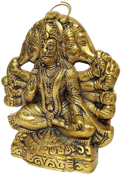 Handmade metal idol of Lord Hanumanji in Panchmukhi form, featuring intricate details, ideal for wall hanging or tabletop display.