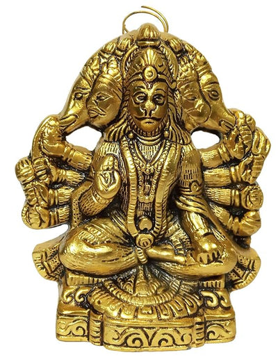 Handmade metal idol of Lord Hanumanji in Panchmukhi form, featuring intricate details, ideal for wall hanging or tabletop display.