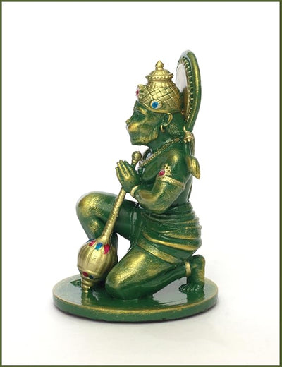 Handcrafted resin idol of Lord Hanumanji Bajrangbali in golden green, featuring intricate details, ideal for altars and spiritual spaces.