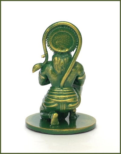 Handcrafted resin idol of Lord Hanumanji Bajrangbali in golden green, featuring intricate details, ideal for altars and spiritual spaces.
