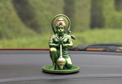 Handcrafted resin idol of Lord Hanumanji Bajrangbali in golden green, featuring intricate details, ideal for altars and spiritual spaces.