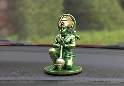 Handcrafted resin idol of Lord Hanumanji Bajrangbali in golden green, featuring intricate details, ideal for altars and spiritual spaces.