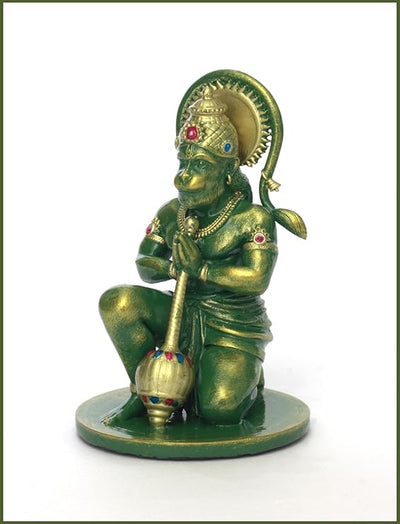 Handcrafted resin idol of Lord Hanumanji Bajrangbali in golden green, featuring intricate details, ideal for altars and spiritual spaces.