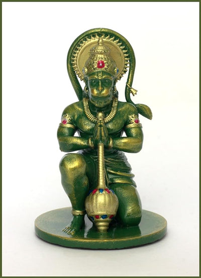 Handcrafted resin idol of Lord Hanumanji Bajrangbali in golden green, featuring intricate details, ideal for altars and spiritual spaces.