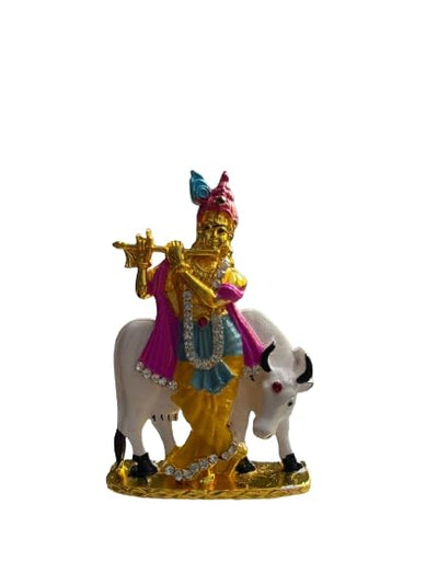 Brass statue of Lord Krishna with a cow, handcrafted by Indian artisans, symbolizing divine love and spirituality.