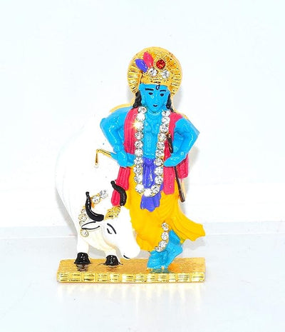 Handmade brass idol of Lord Krishna with the Kamadhenu cow, featuring intricate details, ideal for home altar or decor