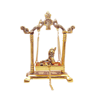 Handcrafted Krishna Jhula statue made of aluminum with golden accents, measuring 13.5L x 6.5W x 19.5H cm, symbolizing joy and devotion.