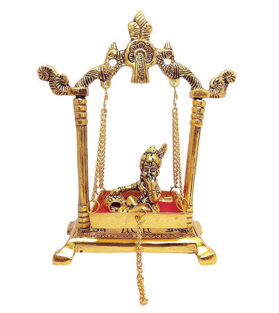 Handcrafted Krishna Jhula statue made of aluminum with golden accents, measuring 13.5L x 6.5W x 19.5H cm, symbolizing joy and devotion.