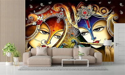 Vibrant Radha Krishna wall sticker featuring intricate details, ideal for home decor and celebrating Hindu deities and the essence of Hinduism.