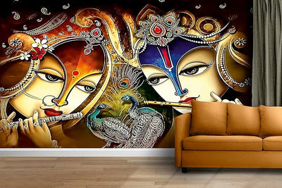 Vibrant Radha Krishna wall sticker featuring intricate details, ideal for home decor and celebrating Hindu deities and the essence of Hinduism.