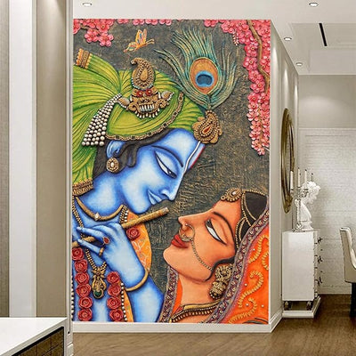 Large Radha Krishna peel and stick wallpaper featuring the iconic Hindu deities, ideal for adding spirituality and elegance to any living space.