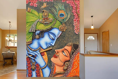 Large Radha Krishna peel and stick wallpaper featuring the iconic Hindu deities, ideal for adding spirituality and elegance to any living space.