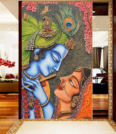 Large Radha Krishna peel and stick wallpaper featuring the iconic Hindu deities, ideal for adding spirituality and elegance to any living space.