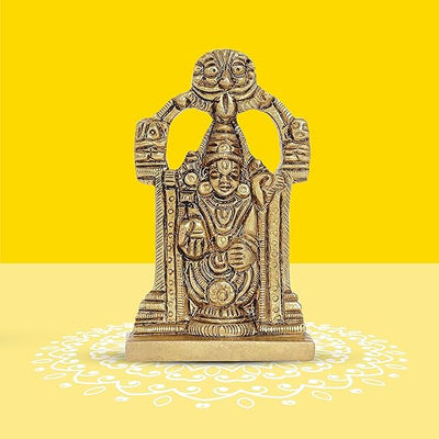 Handcrafted Lord Balaji brass idol in antique yellow finish, measuring 3.2 x 9.9 x 8.6 cm, ideal for home, office, or altar decor. Durable and compact.