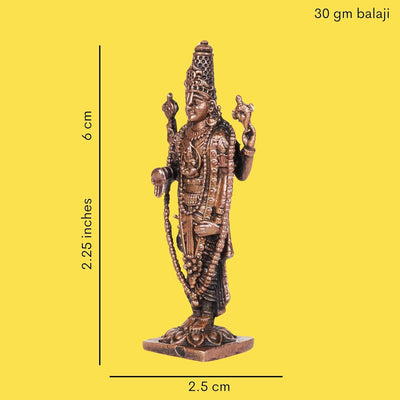 Handcrafted copper statue of Lord Balaji, showcasing intricate details and divine presence, ideal for home decor and spiritual practices.