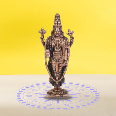 Handcrafted copper statue of Lord Balaji, showcasing intricate details and divine presence, ideal for home decor and spiritual practices.