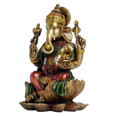 Handmade resin Lord Ganesh idol for pooja rooms, showcasing intricate details and vibrant colors, symbolizing wisdom and prosperity.