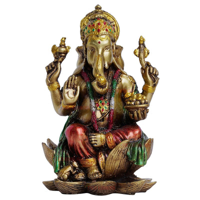 Handmade resin Lord Ganesh idol for pooja rooms, showcasing intricate details and vibrant colors, symbolizing wisdom and prosperity.