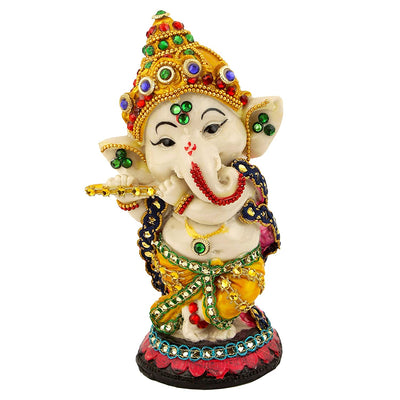 Handmade resin Lord Ganesh idol for pooja rooms, featuring vibrant colors and intricate details, symbolizing wisdom and prosperity.