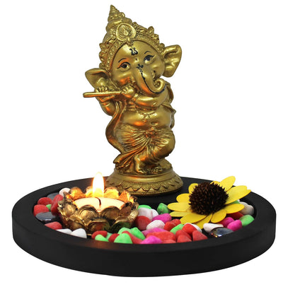Handmade resin Lord Ganesh idol for pooja rooms, symbolizing wisdom and prosperity, featuring intricate details and vibrant craftsmanship.