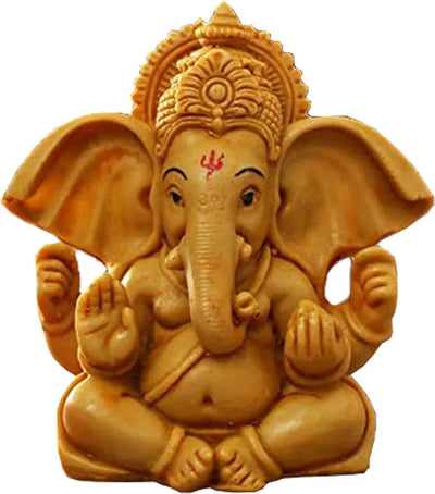 Handmade Lord Ganesh idol for car dashboard, crafted from resin, measuring 5L x 5W x 8.9H cm, symbolizing wisdom and good fortune.