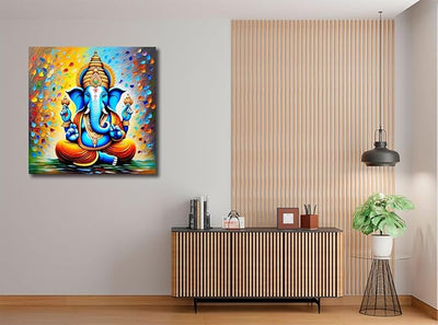 A vibrant canvas print of Lord Ganesha, showcasing intricate details and colors, perfect for enhancing home decor with spiritual essence.