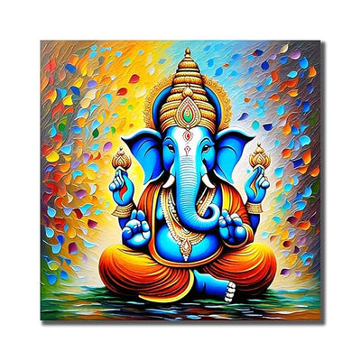 A vibrant canvas print of Lord Ganesha, showcasing intricate details and colors, perfect for enhancing home decor with spiritual essence.