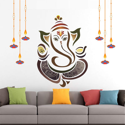 Colorful Lord Ganesha vinyl wall sticker, featuring intricate details and a matte finish, ideal for enhancing home decor and honoring Hinduism.
