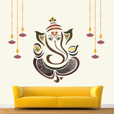 Colorful Lord Ganesha vinyl wall sticker, featuring intricate details and a matte finish, ideal for enhancing home decor and honoring Hinduism.