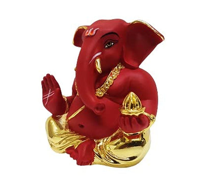 Handmade resin statue of Lord Ganesha, measuring 5.1 x 5.1 x 5.1 cm, featuring a gold-plated finish and red terracotta accents.