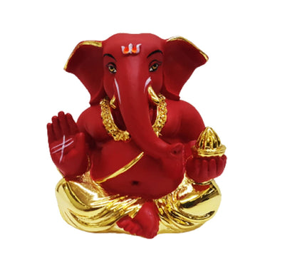 Handmade resin statue of Lord Ganesha, measuring 5.1 x 5.1 x 5.1 cm, featuring a gold-plated finish and red terracotta accents.