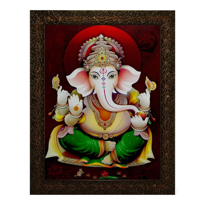 Framed wall art of Lord Ganesha made from synthetic wood, featuring vibrant colors and intricate details, perfect for home decor.