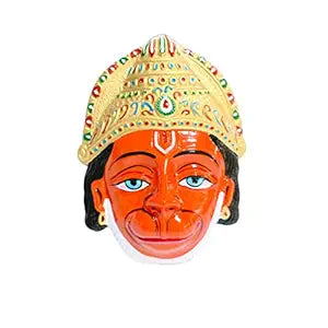 Handcrafted metal wall hanging of Lord Hanuman's face, featuring vibrant colors and intricate details, ideal for home decor and altars.