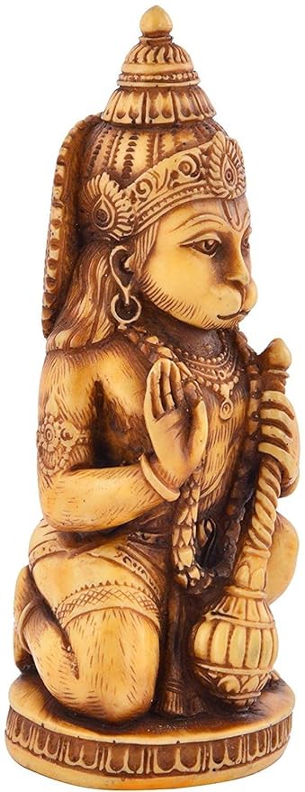 Handcrafted Lord Hanuman Ji idol made from synthetic material, featuring intricate carvings and a soothing beige color, ideal for spiritual spaces.