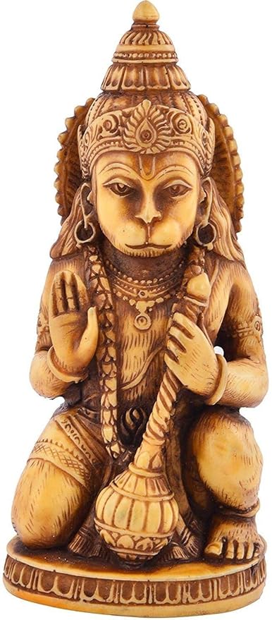 Handcrafted Lord Hanuman Ji idol made from synthetic material, featuring intricate carvings and a soothing beige color, ideal for spiritual spaces.