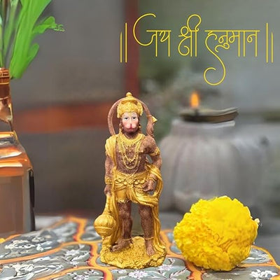 Handmade Lord Hanuman Ji idol in golden polyresin, ideal for altars and puja mandirs, showcasing intricate details and divine presence.